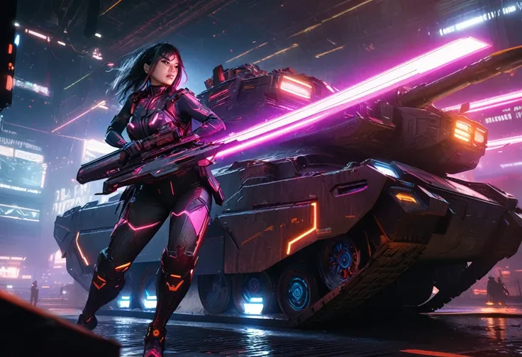 Aubrey Plaza, detailed cyberpunk armored scifi tank, neon highlights and trim, oversized scifi weapon, lead tank for MMO group, cyber Tokyo, hyper realistic, cinematic lighting, 8K, high resolution, masterpiece, dramatic pose, intense expression, dynamic a...