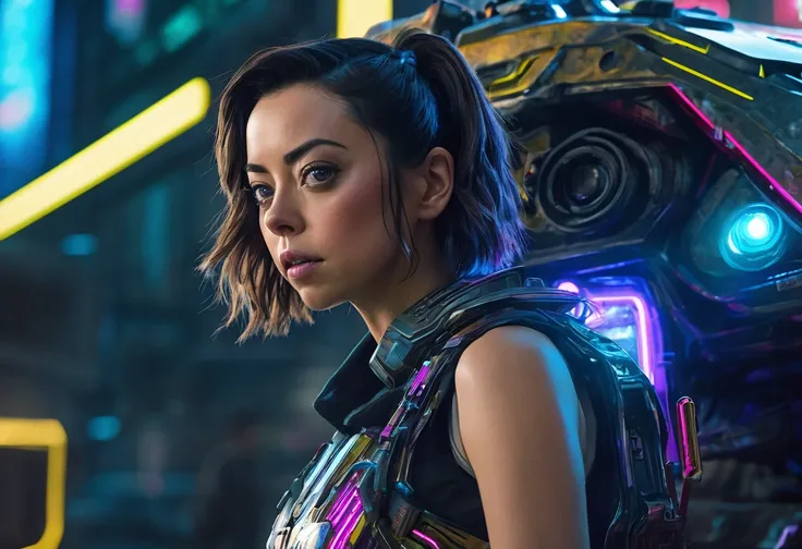 Aubrey Plaza, detailed cyberpunk armored scifi tank, neon highlights and trim, oversized scifi weapon, lead tank for MMO group, cyber Tokyo, hyper realistic, cinematic lighting, 8K, high resolution, masterpiece, dramatic pose, intense expression, dynamic a...