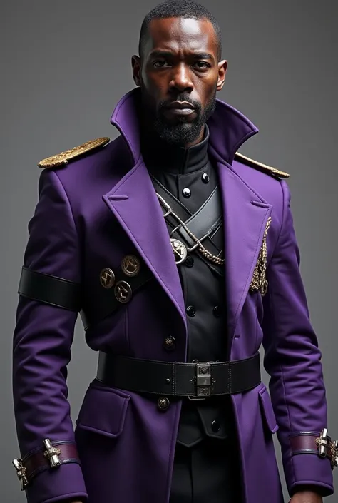 (photorealism:1.2), Black Man wearing purple and black sci-fi military general uniform