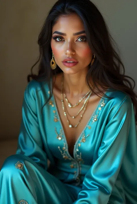 satin Salwar Kameez golden aqua+blue gradient color, (RAW photo, realism: 1.8), (very dark pink lip gloss, jet dark pink lipstick, many eyelashes, dark brown eye shadow, shy, (tight glossy satin kurta), blushing, high quality, high resolution, depth of fie...