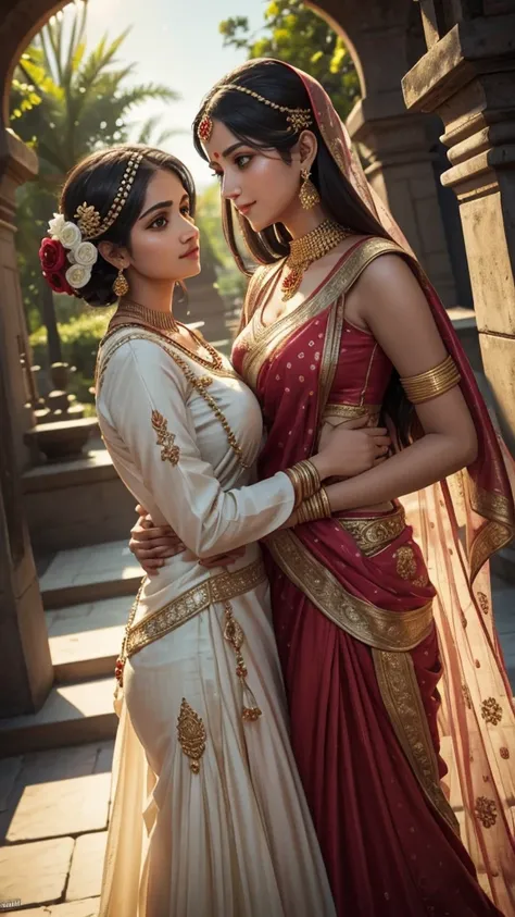 chutki and indumati as adults, beautiful young women, elegant dresses, intricate floral patterns, radiant skin, long flowing hair, warm lighting, vibrant colors, detailed facial features, graceful poses, lush garden setting, ornate architecture in the back...