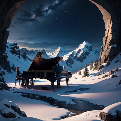 nocturne playing piano in a mountain, HD