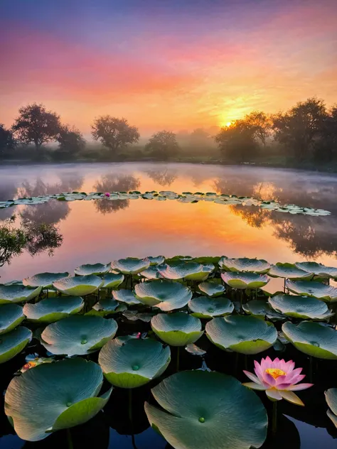 Sunset，Sunset，Fog Cover，The whole sky is filled with flaming sunset clouds，A small lotus in the pond，Water drops on flowers
