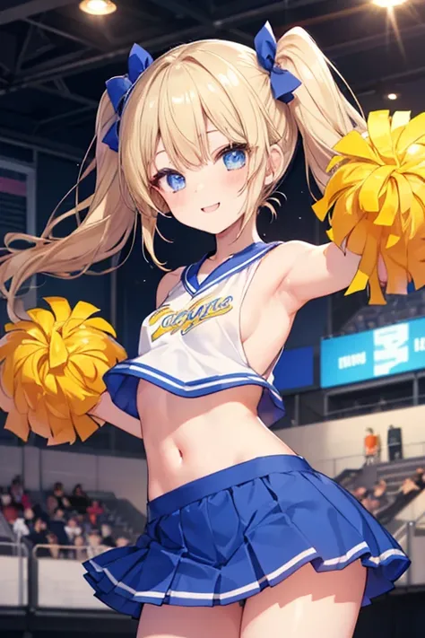 blonde、blue eyes、girl、Small breasts、Twin tails、、girl、Small breasts、Lolita、Bright smile、Looks about 15 years old、Petan Musume、short、目のhighlight、Sexy thighs、Cheerleader、Please show me your armpits、Your eyes are so beautiful、highlight