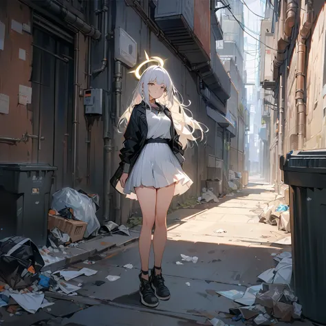 ((masterpiece, best quality)),A girl, Solitary, skirt, permanent, Halo, alley, outdoor, Bangs, white skirt, White hair, Long hair, Black footwear, Industrial pipe, Looking at the audience, Air conditioner,Dark Lights, Rubbish, Rubbish bin, Huaxiahua 2011 