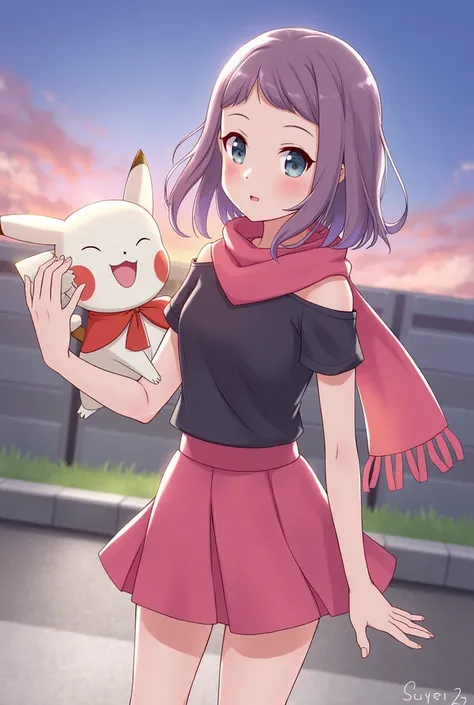 masterpiece, Best Quality, High resolution, 1 girl, Alone, dawn (Pokémon), pink scarf, black shirt, pink skirt, has, outdoor, bare shoulders,smile