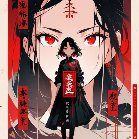 (best quality, movie poster style), a beautiful woman (a red eye:1.2),(meaningful chinese characters:1.1), perfect combination o...