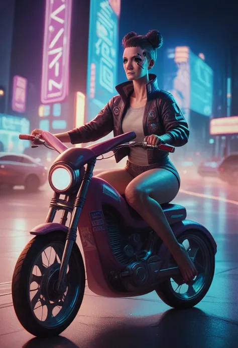 Girl on a hoverbike, driving down the street at night, night city, colored with neon lights, 3d, cyberpunk 2077 style,ultra realistic, ultra high definition, ultra high details 