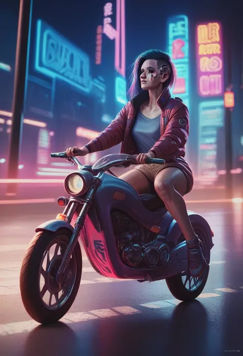 Girl on a hoverbike, driving down the street at night, night city, colored with neon lights, 3d, cyberpunk 2077 style,ultra realistic, ultra high definition, ultra high details 