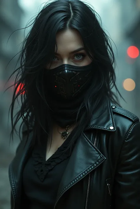 there is a woman wearing a mask and a leather jacket, cyberpunk art inspired by Leng Mei, trending on cgsociety, gothic art, beautiful cyberpunk girl face, female cyberpunk anime girl, gothic - cyberpunk, jet black haired cyberpunk girl, beautiful cyberpun...