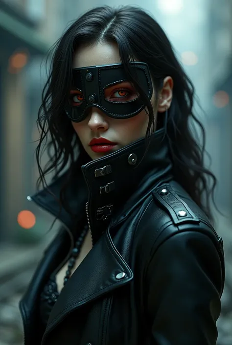 there is a woman wearing a mask and a leather jacket, cyberpunk art inspired by Leng Mei, trending on cgsociety, gothic art, beautiful cyberpunk girl face, female cyberpunk anime girl, gothic - cyberpunk, jet black haired cyberpunk girl, beautiful cyberpun...