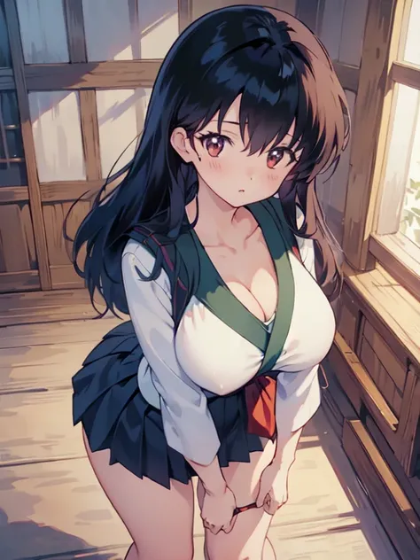 (masterpiece), 1girl, solo, standing in a japanese traditional house, wide hips, big and round ass, horny face, Thick thighs, looking at viewer, big breasts, miko clothes, hakama skirt, kagome higurashi, cleavage, at all fours