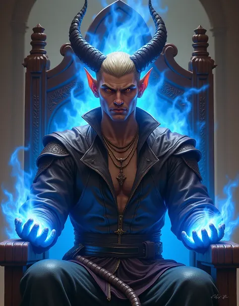 Tiefling man, mature face, muscular, 35 years, very short haircut, shaved temples, blonde hair, thick stubble, tan skin, stubble on his face, brown eyes, he is dressed in leather armor, his body is enveloped in blue flames, pronounces a spell, has demonic ...