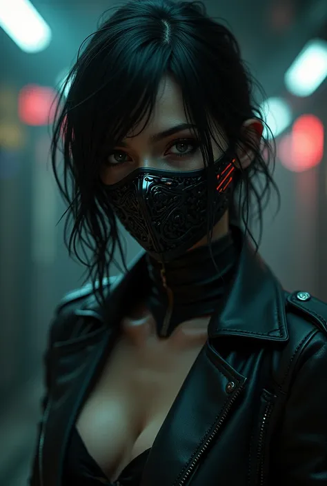 there is a woman wearing a mask and a leather jacket, cyberpunk art inspired by Leng Mei, trending on cgsociety, gothic art, beautiful cyberpunk girl face, female cyberpunk anime girl, gothic - cyberpunk, jet black haired cyberpunk girl, beautiful cyberpun...