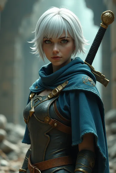 Exploring futuristic ruins in a medieval world (([white|celeste] hair)), short HAir, green eyes, Leather and metal armor, with a worn blue cape with gold details, Under the cloak protruding a black sword, the diamond-shaped golden handle of the sword, meta...