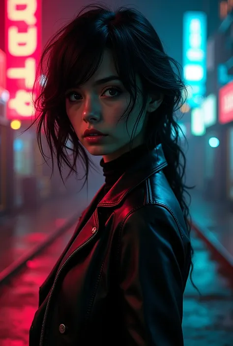 there is a woman wearing a mask and a leather jacket, beautiful cyberpunk girl face, female cyberpunk anime girl, gothic - cyberpunk, jet black haired cyberpunk girl, beautiful cyberpunk woman model, cyberpunk anime girl, hyper-realistic cyberpunk style, c...