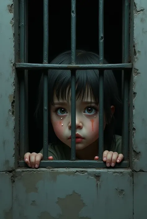 A child behind the window bars 