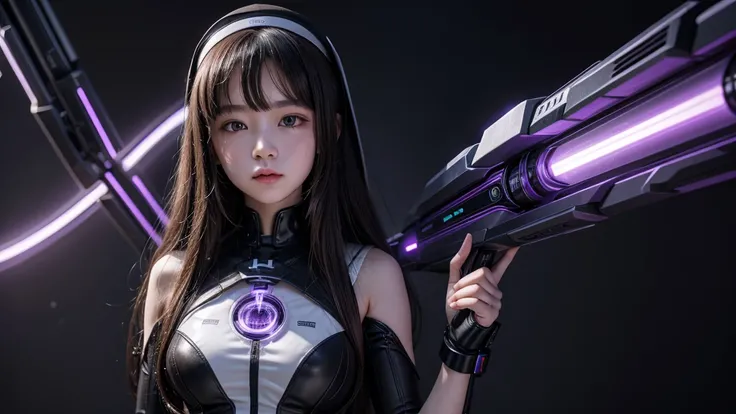   Girl ,Girl 12 year old  , mechanical face , futuristic nun dress ,flat chest ,long brown hair bangs ,(loli body), diadem-mechanical, Purple LEDs ,halo of violet light ,purple energy core in chest ,   quality, 8k ,now uniform , brazos cyborg. Metal Mechan...