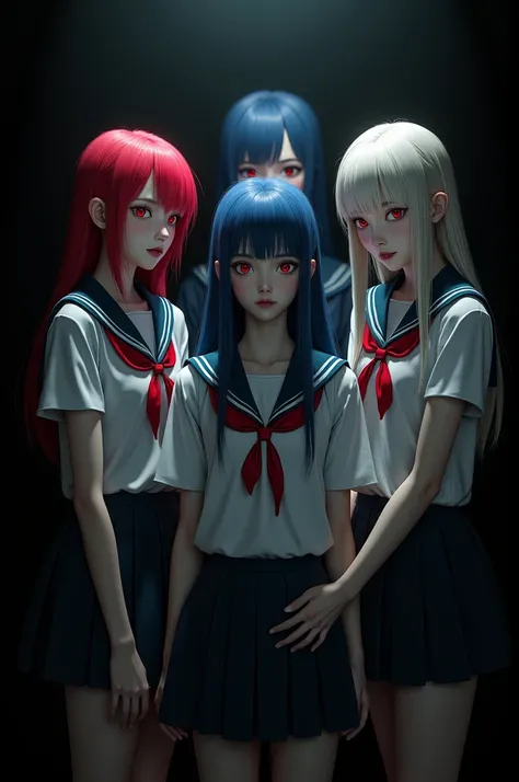 Realistic image with a group of 5 Japanese girls with different hair colors, wearing sailor uniforms, horror style, black or white background 