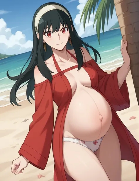 score_9, score_8_up, score_7_up, source_anime,
yorbriar, yor briar, black hair, red eyes, earrings, white hairband, hairband, long hair, sidelocks,
bare shoulders, short lace robe, maternity robe, panties, thighs,
Beach, smile,
looking at viewer, dutch ang...