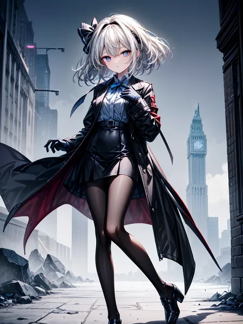 ((Touhou Project)),((Black tie)),((Mysterious)),((Beautiful Eyes)),((masterpiece)),((Highest quality)),((Alluring)),((alone)),((Dark blue pupils)),((Beautiful shining eyes)),((Wearing a black overcoat)),((Wearing a black mini skirt,She wears long black tig...