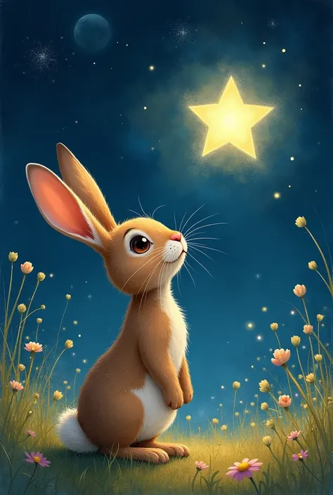 drawing of a rabbit looking curiously at a star