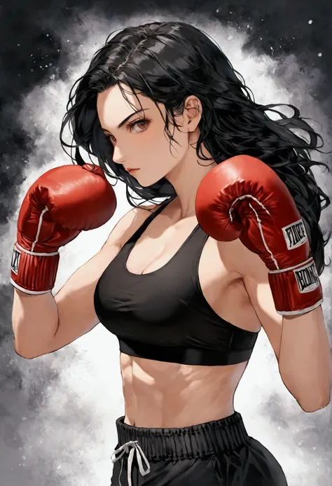 Woman boxer, long black hair, handsome face, boxing gloves, sports bra, toned, boxing stance, long black pants, looking at viewer