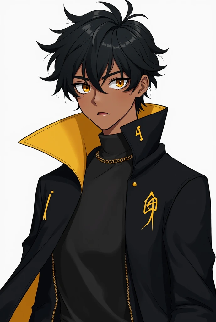 male character, with dark skin tones, black overcoat with yellow details used as a cape, his hair is black and he is a 19 year old boy