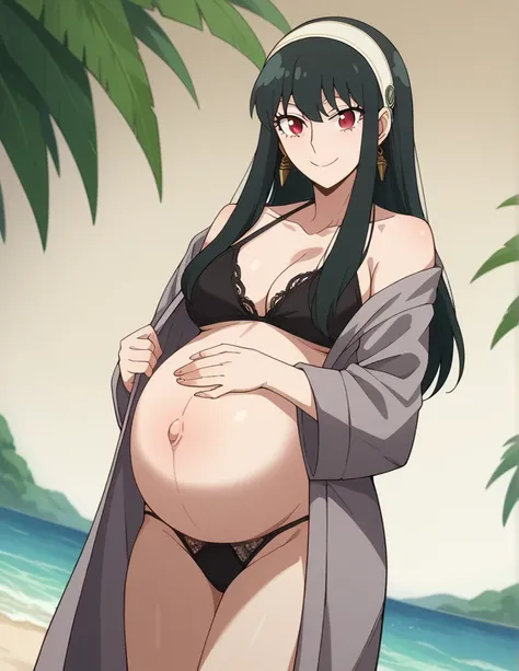 score_9, score_8_up, score_7_up, source_anime,
yorbriar, yor briar, black hair, red eyes, earrings, white hairband, hairband, long hair, sidelocks,
bare shoulders, bikini, short lace robe, maternity robe, panties, thighs,
Beach, smile,
looking at viewer, d...