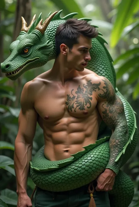 sexy gorgeous hunk in a jungle with chinese green dragon

