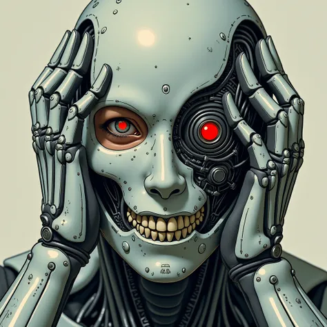 Sci-fi Style, a t-800 stretching the human skin of his face with his Hands, metal skull visible underneath, studio ghibli Style, detailed