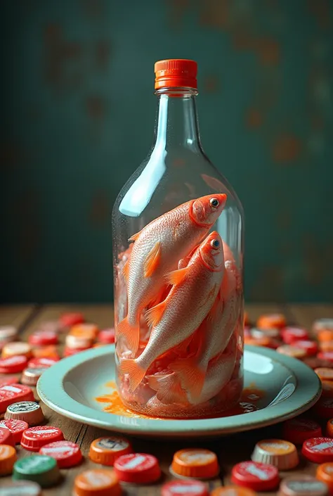 A plastic bottle of fish is placed on a steak plate。
The ingredients next to the fish are plastic bottle gaps.、There&#39;s so much that it overflows from the plate.