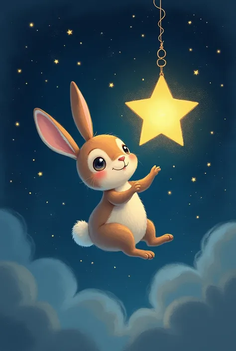 drawing of a rabbit in the sky looking curiously at a cute star