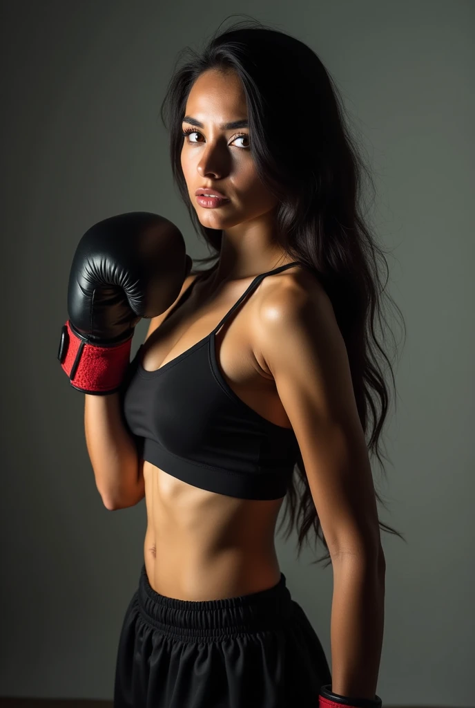 Woman boxer, handsome face, toned, white smooth gleaming skin, sports bra, long black pants, long black hair, boxing gloves, sweating