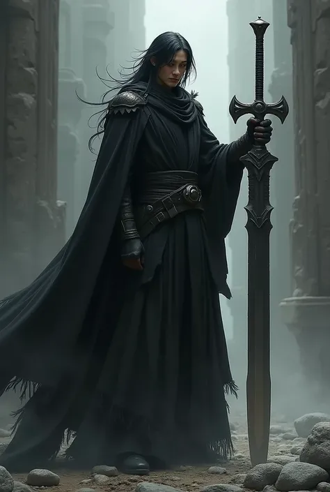 A man of 1.90 tall, peso 85kg, black hair, slender man in black clothes holding a buster sword 