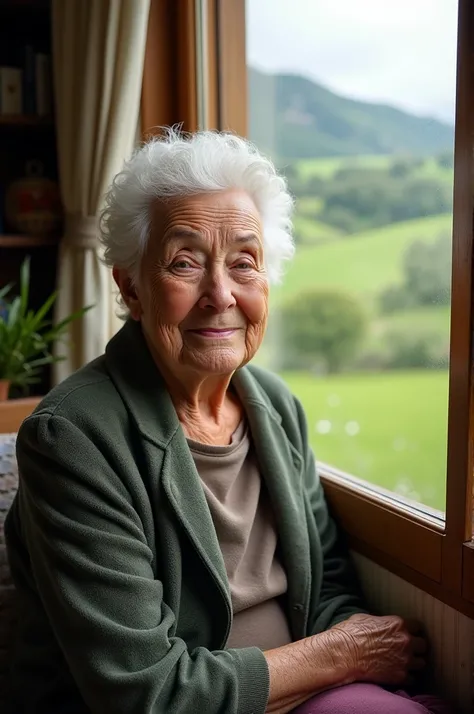 Asturian grandmother of about 80 years old, short WHITE hair, green eyes, calm look inside her house next to a large window where outside you can see the Asturian countryside and its green hills, the grandmother looks at the camera and smiles