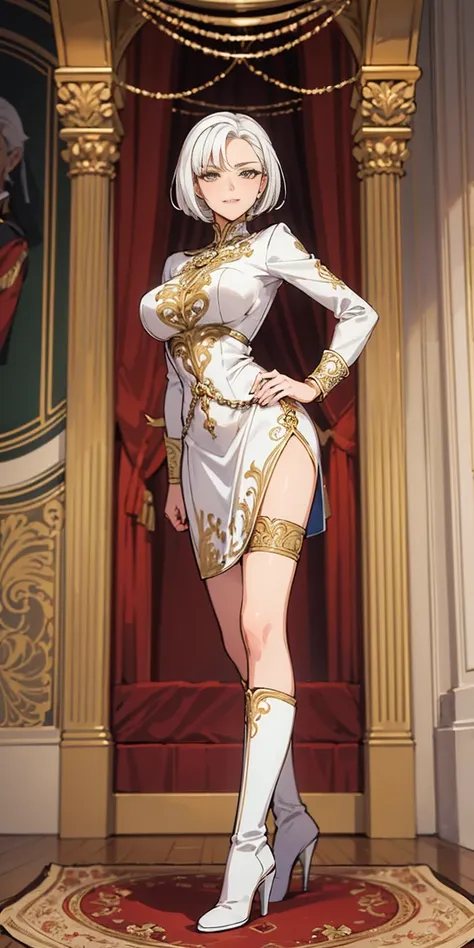 Setting: Royal bedroom - Grand, opulent, with rich fabrics and tapestries Character: Appearance: White hair - Short, styled in a sharp bob Full figure - Curvaceous Attire: High boots - Leather, reaching up the calves Elegant outfit - Befitting the royal se...