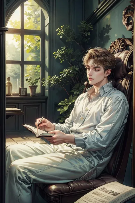 ((Best quality)), ((masterpiece)), (detailed), ((perfect face)), ((halfbody)) handsome young artist, engaging in various activities within his cozy home nestled in a serene forest. Capture moments of his daily life, such as painting, reading, playing a mus...