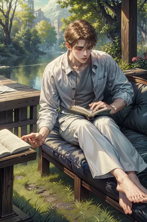 ((Best quality)), ((masterpiece)), (detailed), ((perfect face)), ((halfbody)) handsome young artist, engaging in various activities within his cozy home nestled in a serene forest. Capture moments of his daily life, such as painting, reading, playing a mus...