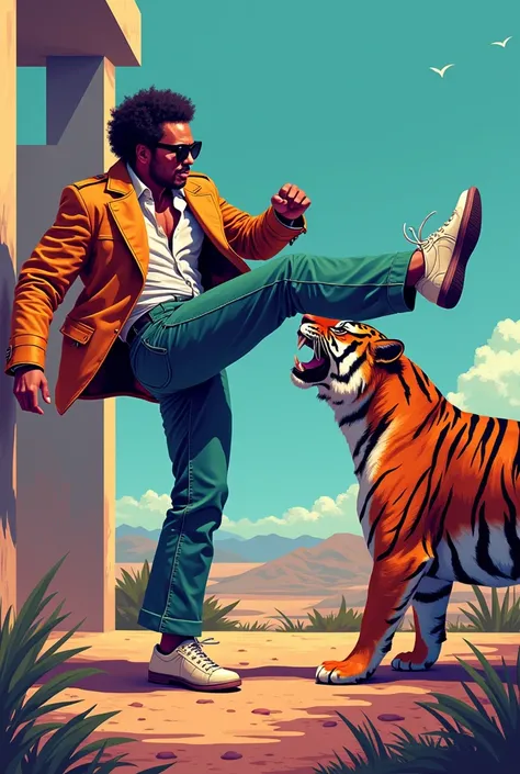 Jorge Ben Jor wearing sunglasses kicking a tiger, pixel