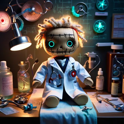 (knitted toy voodoo doll:1.7)
(Voodoo Doctor:1.5)
(from the world of healthcare:1.3)
(Clothing: tattered doctors coat with mystical health symbols:1.0)
(Accessories: miniature glowing stethoscopes, tiny floating medical charts, small enchanted syringes:1.2...