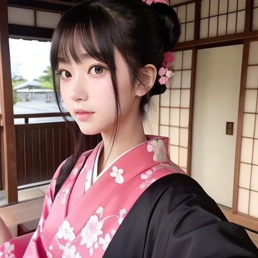 20-year-old women、Japanese、Beauty、The eyes are double、Beautiful Skin、Red kimono、Wearing a pink mask、Selfie、Nape bun hairstyle、Black Hair、