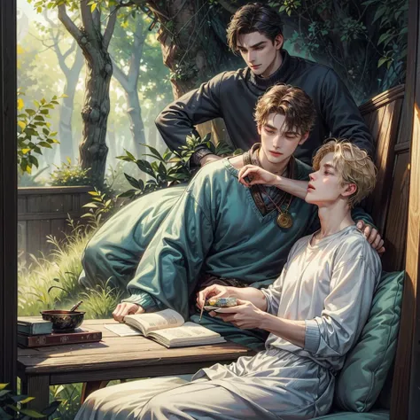 ((Best quality)), ((masterpiece)), (detailed), ((perfect face)), ((halfbody)) handsome young artist, engaging in various activities within his cozy home nestled in a serene forest. Capture moments of his daily life, such as painting, reading, playing a mus...