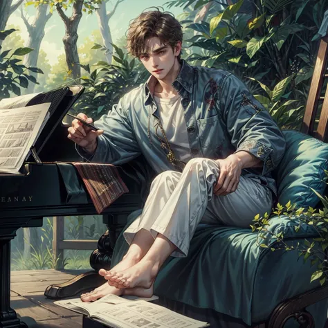 ((Best quality)), ((masterpiece)), (detailed), ((perfect face)), ((halfbody)) handsome young artist, engaging in various activities within his cozy home nestled in a serene forest. Capture moments of his daily life, such as painting, reading, playing a mus...