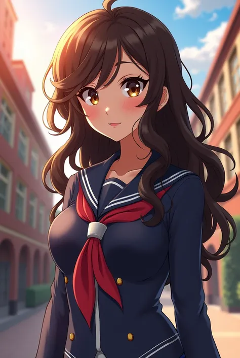 Boku no hero academia screenshot, Cute girl with long dark brown curly hair, slanted eyes, Brown eyes, with a nice body, Boku no Hero Academy Uniform