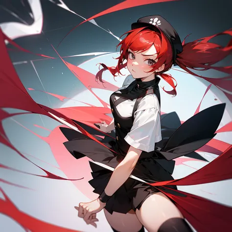 masterpiece, top quality, ultra detailed, Hyperreal, 16 thousand., a high resolution, girl with red hair and two ponytails, black and white hat, Riruka from anime bleach, wearing a black dress with a white center, black thigh high stockings, Tsundere face,...