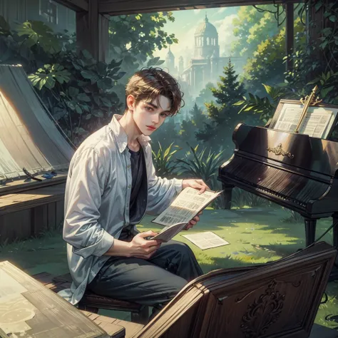 ((Best quality)), ((masterpiece)), (detailed), ((perfect face)), ((halfbody)) handsome young artist, engaging in various activities within his cozy home nestled in a serene forest. Capture moments of his daily life, such as painting, reading, playing a mus...