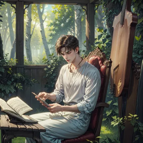 ((Best quality)), ((masterpiece)), (detailed), ((perfect face)), ((halfbody)) handsome young artist, engaging in various activities within his cozy home nestled in a serene forest. Capture moments of his daily life, such as painting, reading, playing a mus...