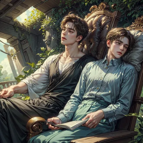 ((Best quality)), ((masterpiece)), (detailed), ((perfect face)), ((halfbody)) handsome young artist, engaging in various activities within his cozy home nestled in a serene forest. Capture moments of his daily life, such as painting, reading, playing a mus...