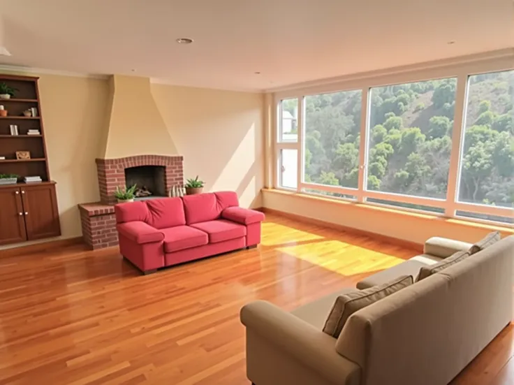 Living room dining room approximately 7 meters by 7 meters with a window from side to side at a height of 1 meter from the wall and with a 1 meter frame..5 high only on the back wall overlooking the eastern hills of Bogotá, and a large old fireplace with a...